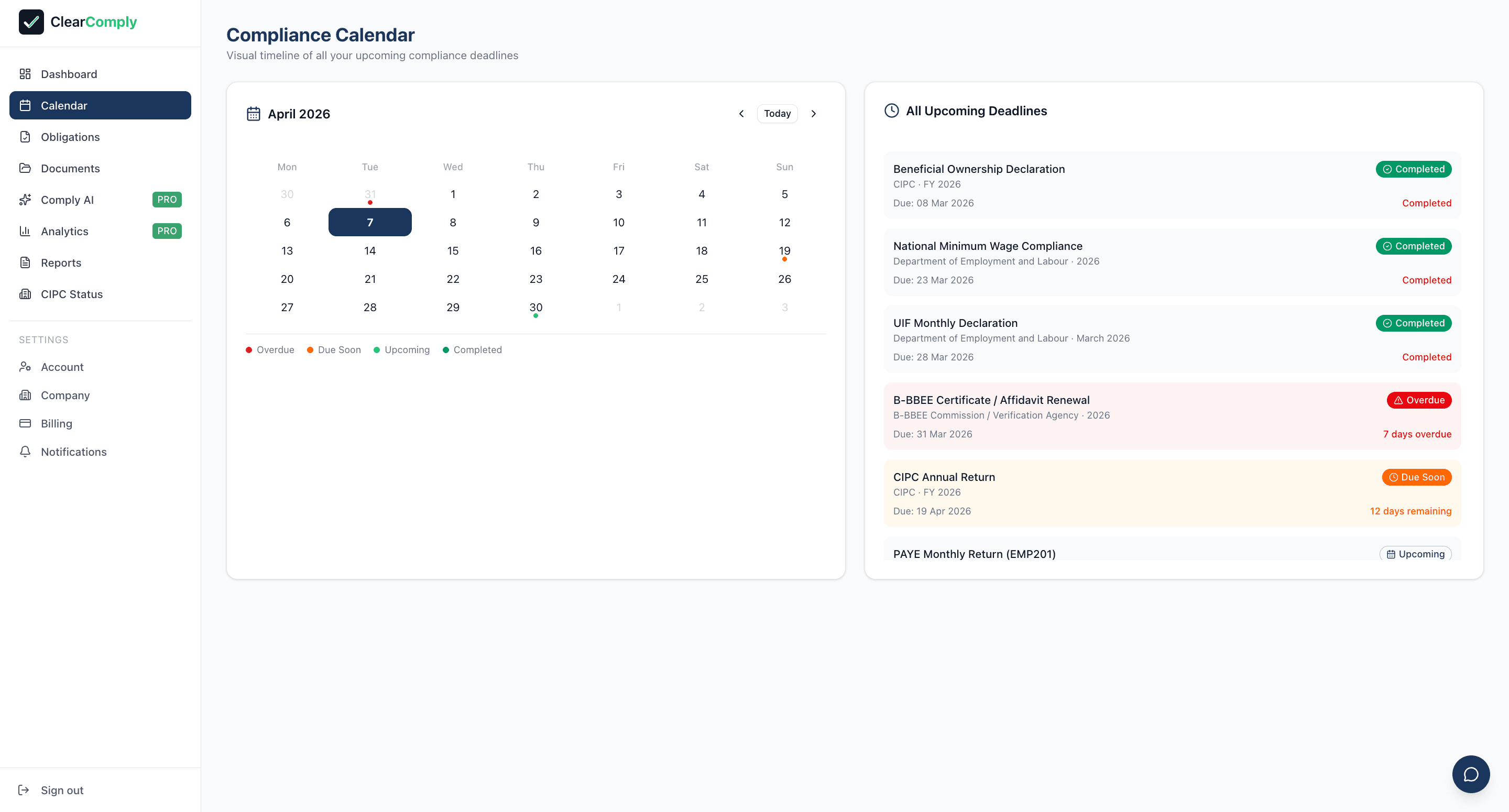 ClearComply compliance calendar showing April 2026 deadlines with colour-coded status indicators