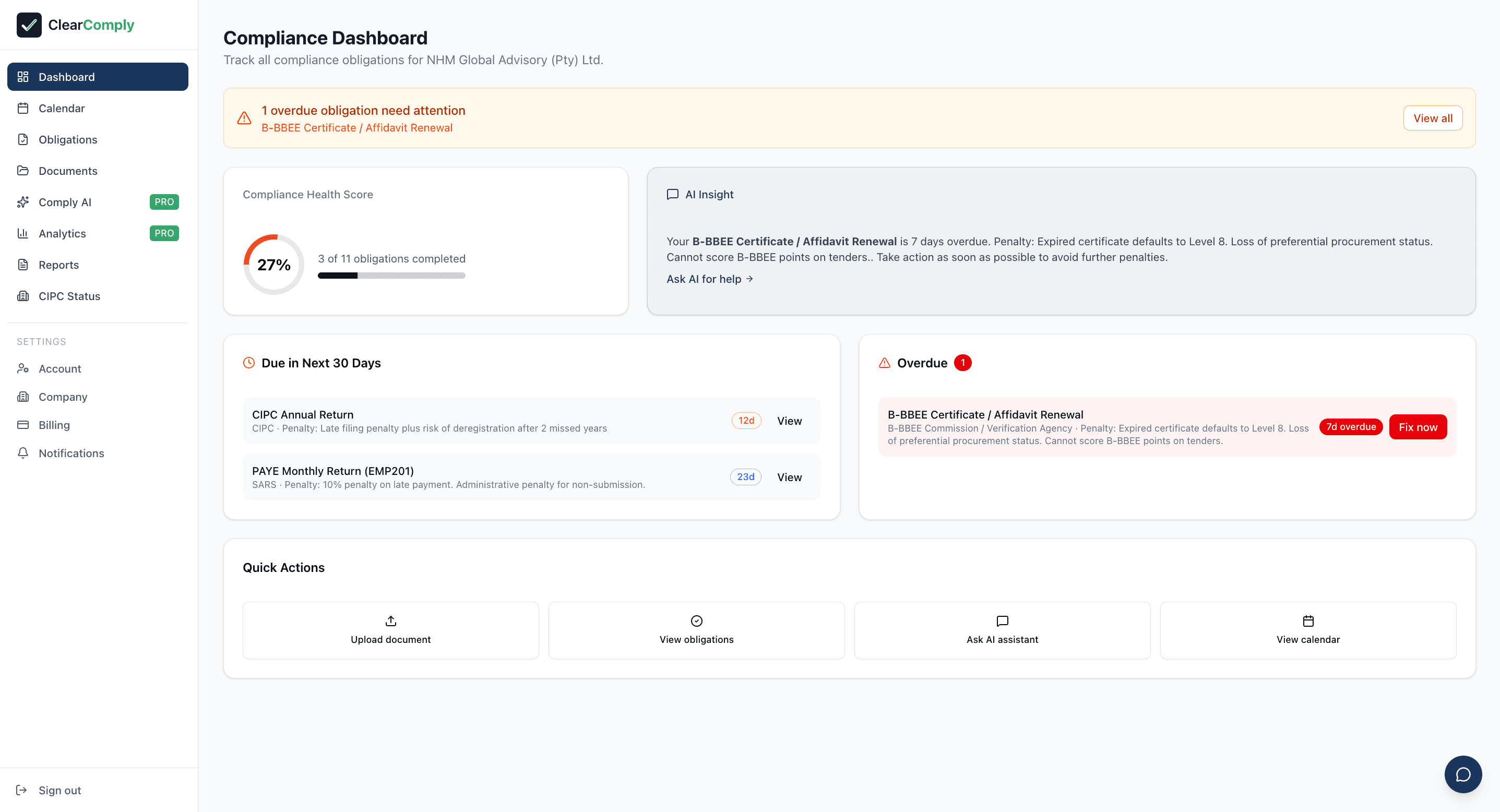 ClearComply dashboard showing compliance health score, overdue obligations, and upcoming deadlines