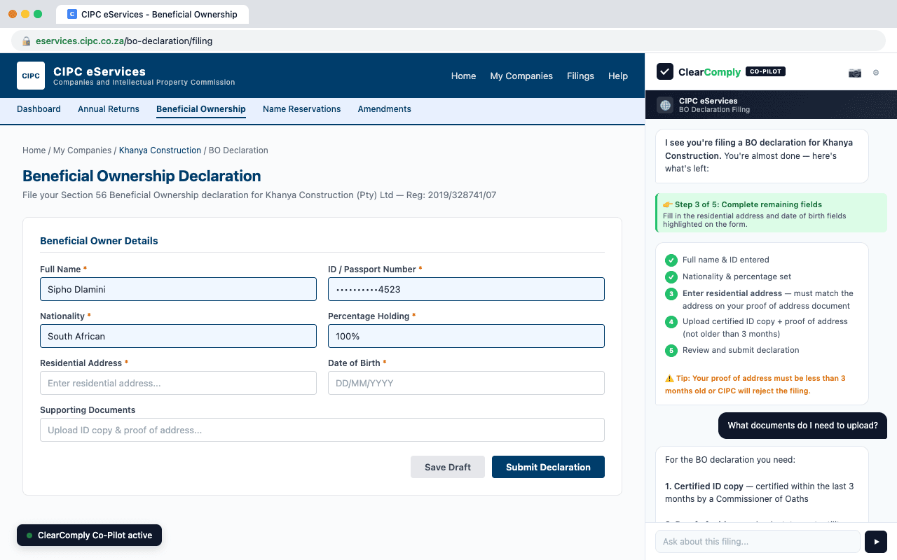 The ClearComply Co-Pilot open alongside the CIPC eServices portal, guiding a Beneficial Ownership filing field by field