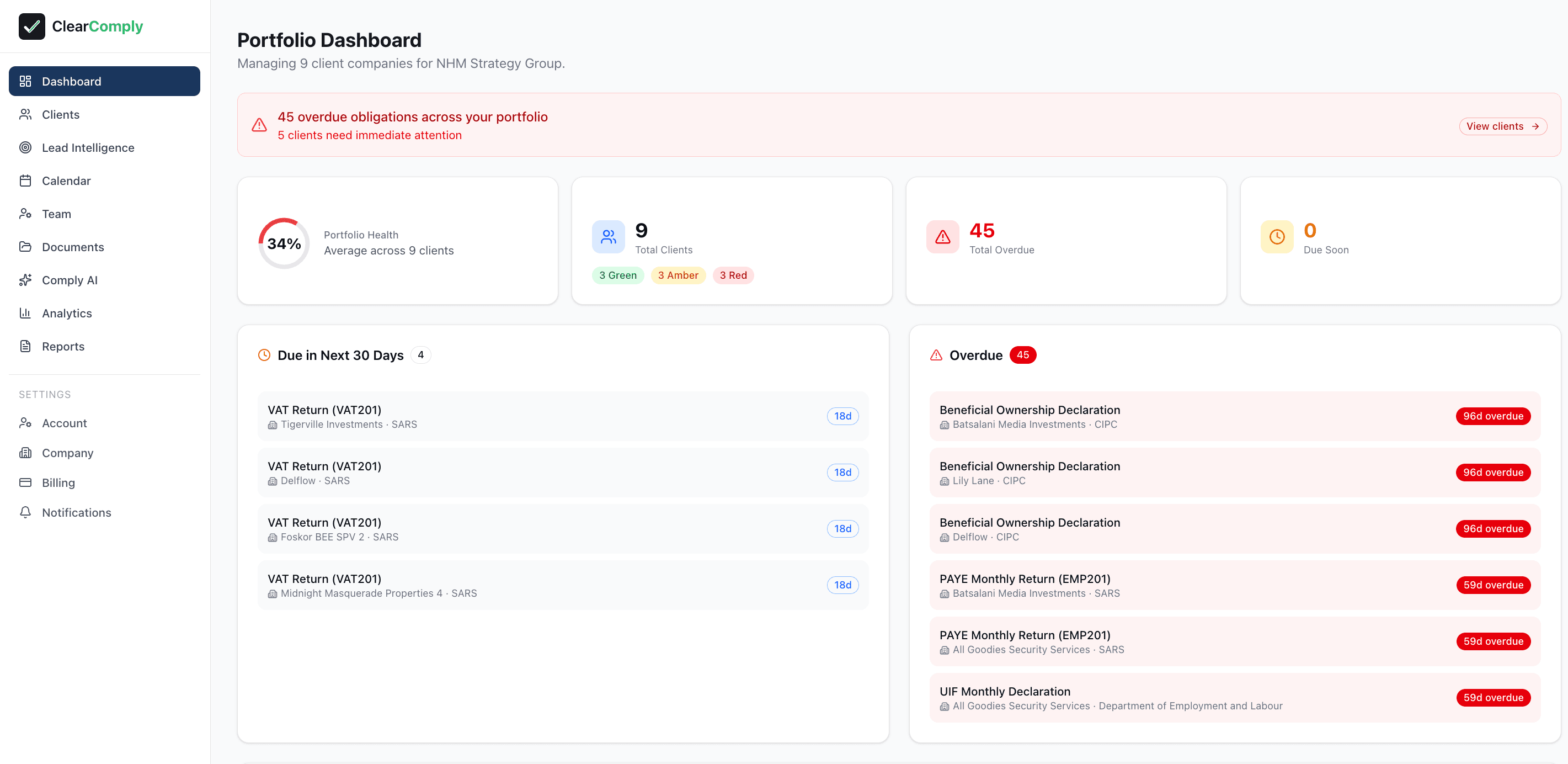 ClearComply Enterprise portfolio dashboard showing multiple clients, obligations, health score, and overdue items