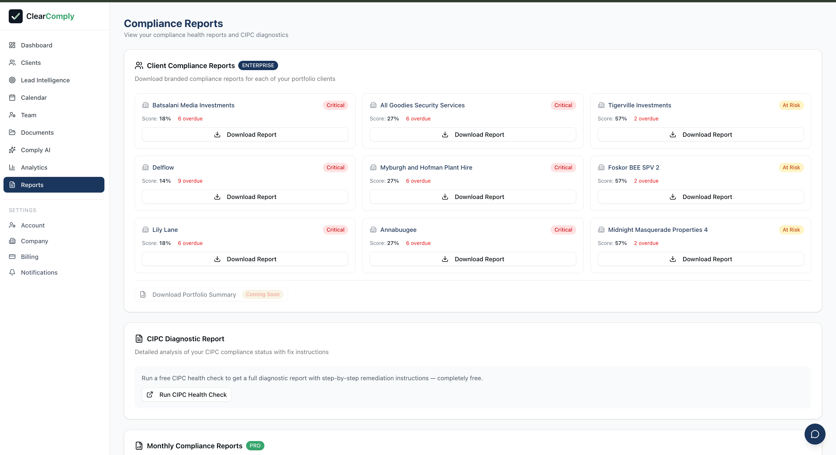ClearComply Enterprise compliance reports page showing per-client report downloads and CIPC diagnostic